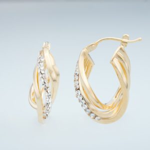 9KT Yellow Gold Three Row Twisted Hoop Earrings With Swarovski Crystals